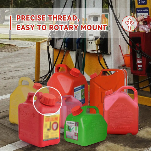 5 Gallon Gas Can Cap Replacement With Coarse Thread For Gasoline Universal Fit For Plastic And Metal Gas Cans Portable Tank Lid Includes Spout Replacement Old Style Pack Of 4, shown on various colored gas cans at a fuel station.