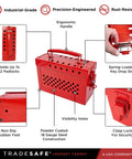 Red Lockout Tagout Group Box for OSHA Compliant LOTO Procedures, 18 gauge steel, holds 12 padlocks, ergonomic handle, durable design.