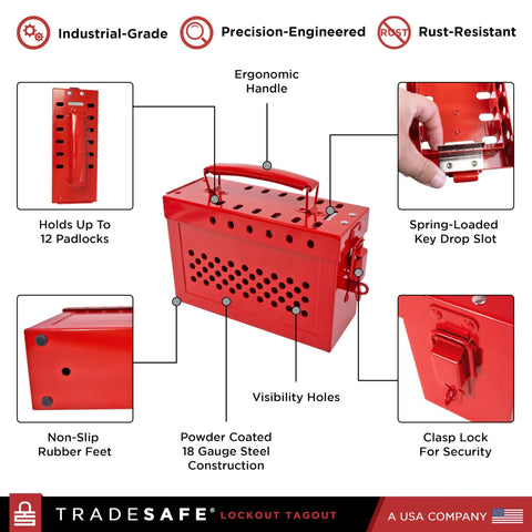 Red Lockout Tagout Group Box for OSHA Compliant LOTO Procedures, 18 gauge steel, holds 12 padlocks, ergonomic handle, durable design.