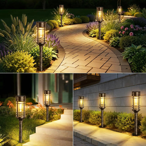 4 Pack Solar Firefly Lights Outdoor Garden Decor With 32 LED Swaying Iron Wire Bulbs illuminating garden pathway at night