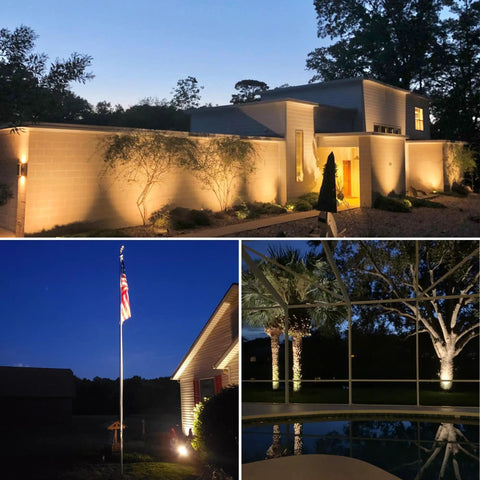 Outdoor Led Spotlight With Dusk To Dawn Sensor 20W 2000 Lumen Super Bright 3000K Warm White Waterproof Landscape Lights illuminating house and trees