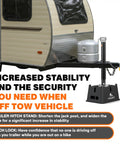 Complete Two Axle Travel Trailer Leveling And Stability Kit With Hitch Stand and Lock deployed on travel trailer