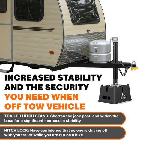 Complete Two Axle Travel Trailer Leveling And Stability Kit With Hitch Stand and Lock deployed on travel trailer