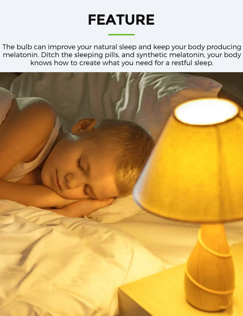 Child sleeping next to a glowing lamp, showcasing product effect of Yellow Amber Bug Light Bulbs For Outdoor Porch And Indoor Hallways A15 5W LED 450 Lumens E26 Edison Base 40W Equivalent Bug Repellent Night Light Bulbs 4 Pack.