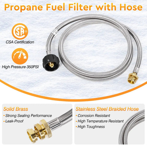 Six Foot Propane Heater Hose With High Efficiency Fuel Filter for portable heaters compatible with Buddy style units