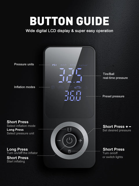 Cordless Tire Inflator With Gauge On The Go Mini Air Compressor Dual Power 12V Built In Battery Portable Bike Pump Control Panel