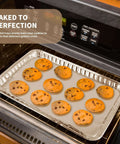 24 Pack Aluminum Disposable Cookie Sheets 16 By 11 Inch for baking cookies in oven, showcasing nonstick tin foil trays with fresh cookies.