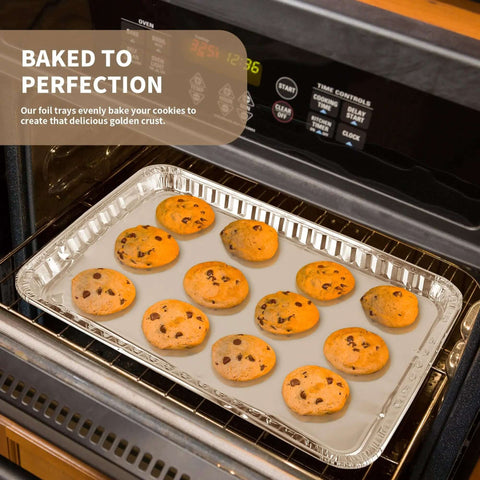 24 Pack Aluminum Disposable Cookie Sheets 16 By 11 Inch for baking cookies in oven, showcasing nonstick tin foil trays with fresh cookies.