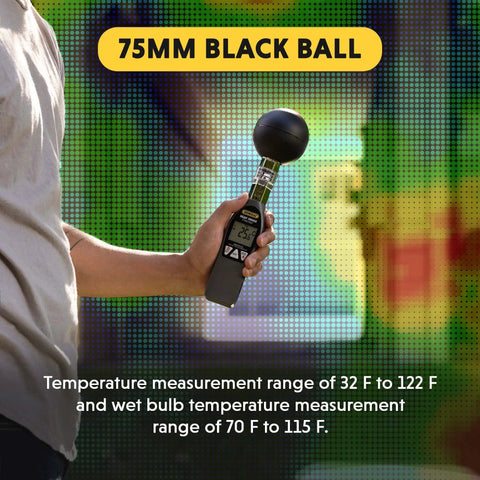 Person holding Pro Grade Heat Index Monitor with Wet Bulb Globe Temperature Gauge and Brass Ball, 75mm black ball visible.