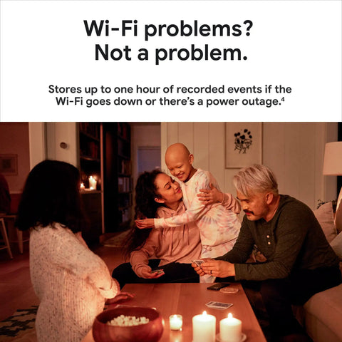 Family playing games in living room with "Wi-Fi problems? Not a problem" text, showcasing Battery Powered Outdoor Or Indoor Security Cam Second Generation No Subscription Required 1 Pack Smart Person Animal And Vehicle Detection With Real Time App Alerts For Home Surveillance.