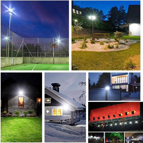 JUDYSSY Led Flood Light Ac100-265V Outdoor Floodlight Spotlight Ip65 Waterproof illuminating various outdoor settings at night.