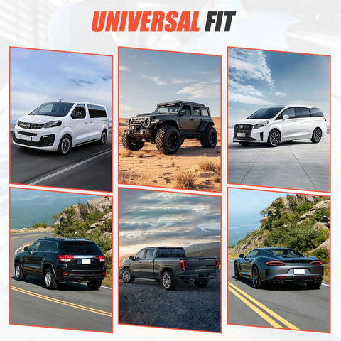 Various vehicles showcasing Universal Fit, including SUVs, sedans, and a sporty car on different terrains.