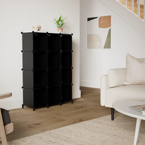 12 Cube Storage Organizer Shelf System Built To Tackle Messes In Style For Bedroom Living Room And Office Dope Durable Plastic Cubes DIY Bookcase Shelves Great For Books Toys Clothes Decor Black Finish