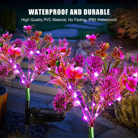 Purple Phalaenopsis Solar Flower Lights 4 Pack Outdoor Waterproof Garden Decor for Yard with glowing LED orchids at night