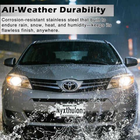 Front view of a car in rain showcasing Glitzy License Plate Frame Set For Women on stainless steel with black finish.