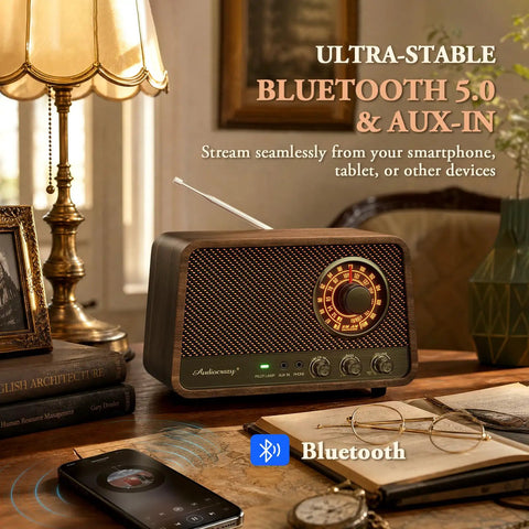 Vintage Wooden AM FM Bluetooth Radio Speaker With 10 Watts Power And Retro Dial on a table in a cozy room setting