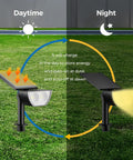 Outdoor Solar Spotlight Set 3000K Warm White, IP67 Waterproof, showing daytime charging and night illumination cycle.