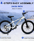 Trail Ready Rugged Hardtail Mountain Bike With 24 Inch Wheels 7 Speed Trigger Shifter Knobby Mountain Tires Mechanical Disc Brakes Lightweight Aluminum Frame Suspension Fork Plus Comfortable Saddle For All Terrain Adventures assembly guide in snowy landscape.