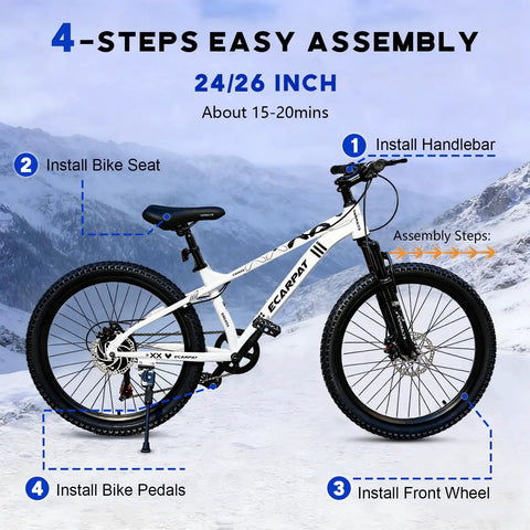 Trail Ready Rugged Hardtail Mountain Bike With 24 Inch Wheels 7 Speed Trigger Shifter Knobby Mountain Tires Mechanical Disc Brakes Lightweight Aluminum Frame Suspension Fork Plus Comfortable Saddle For All Terrain Adventures assembly guide in snowy landscape.