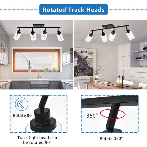 4 Light Track Lighting Kit Matte Black With Pivoting Heads in kitchen and dining area, showing 90° and 350° rotation details.