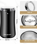 One Touch Electric Coffee Grinder For Beans, Spices, Herbs And Seeds, Compact Black Kitchen Mill With stainless steel blades and clear lid.