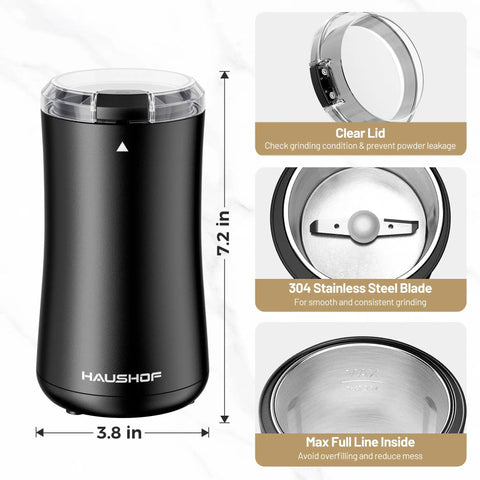 One Touch Electric Coffee Grinder For Beans, Spices, Herbs And Seeds, Compact Black Kitchen Mill With stainless steel blades and clear lid.
