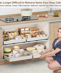 Woman using Heavy Duty Pull Out Cabinet Organizer Shelf Expanding From 16 To 21 Wide Fits 13 To 17 Depth for kitchen storage.