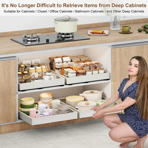 Kickass Pull Out Cabinet Organizer With No Sweat Adhesive Mount For Kitchens Expandable From Fourteen To Twenty One Inches Wide And Seventeen To Twenty Four Inches Deep Easy DIY Placement total space saver, showcasing drawers filled with kitchen items.