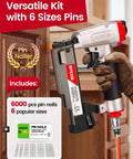 Pin Nailer Kit With The Workhorse 6000 Galvanized 23 Gauge Pins displayed with pneumatic nailer held by gloved hand