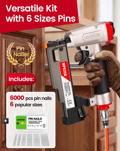 Pin Nailer Kit With The Workhorse 6000 Galvanized 23 Gauge Pins displayed with pneumatic nailer held by gloved hand