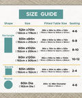 Size guide showing dimensions and seating for rectangular, square, and round tablecloths; includes Outdoor Tablecloth With Umbrella Hole, Rectangular 60x84 Inches.