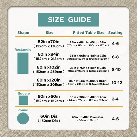 Size guide showing dimensions and seating for rectangular, square, and round tablecloths; includes Outdoor Tablecloth With Umbrella Hole, Rectangular 60x84 Inches.