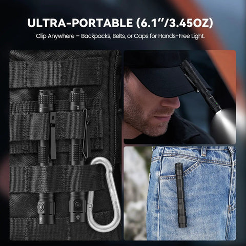 Rechargeable Flashlight 1500 Lumens USB-C Tail Switch 5 Modes Aluminum Tactical Penlight clipped to backpack and cap