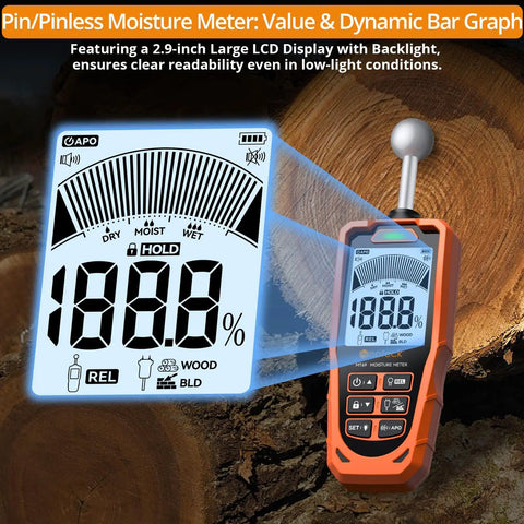 2-In-1 Dual Probe Moisture Meter With LCD Display And Audio Alarm, Pinless Sensor For Non-Destructive Wall And Floor Scanning Up To 40mm, Plus Pin Probe For Precise Moisture Readings In DIY, Construction, And Home Improvement Projects. Orange handheld moisture meter with LCD display and pin probe on wood surface