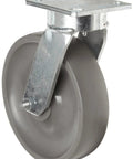 Hella Sturdy Swivel Plate Caster With Eight Inch Elastomer Wheels That Roll Like Butter And Handle Up To Eighteen Hundred Pounds Without Breaking A Sweat On Any Job Site, featuring 8 inch gray elastomer wheel.
