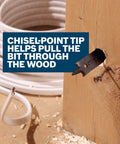 10-Piece Chisel-Point Spade Bit Set for Fast Wood Drilling shown creating clean hole in wood with chisel-point tip and spurs