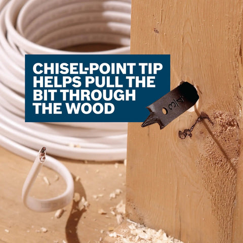 10-Piece Chisel-Point Spade Bit Set for Fast Wood Drilling shown creating clean hole in wood with chisel-point tip and spurs