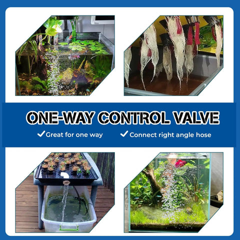 Front view of 10-pack black plastic aquarium air control valves for 3/16" tubing; T-shaped one-way regulators