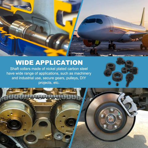 12 Piece Set Screw Shaft Collar Kit With 5.05mm Bore, 10mm OD, 5mm Height, Includes 12 M3 Screws, Black Nickel Plated Carbon Steel Wheel Collar, Landing Gear Stopper, Perfect For CNC, Robotics Gearheads, DIY Projects. Shaft collars shown on shafts, gears, and brake assemblies