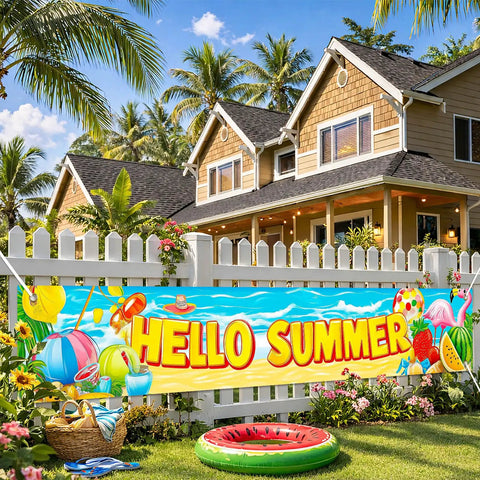 Hello Summer Banner 118 By 20 Inches Outdoor Beach Theme Party Decor With Flamingo And Tropical Fruit Design for fence display