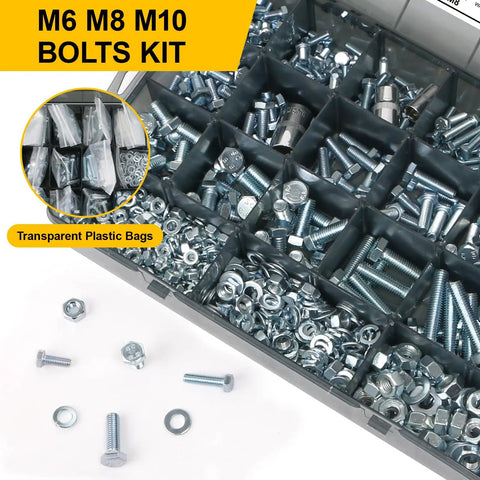 Pro Grade 1004 Piece Heavy Duty Bolt And Nut Set With M6 M8 M10 Bolts Flange Nuts Washers And Spring Washers Zinc Plated