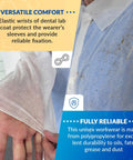 Close-up of Medium White Disposable Lab Coats for Adults showing non woven polypropylene material and elastic wrists.