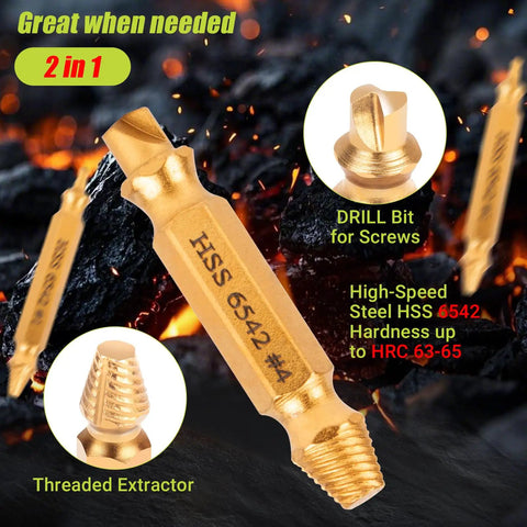 Easy Out Screw Extractor Set And Left Hand Drill Bit Kit for Stripped Screws and Damaged Bolts with Titanium Gold Finish