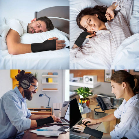 People using Unisex Adjustable Wrist Brace For Carpal Tunnel Relief With Day And Night Support at home and work settings.