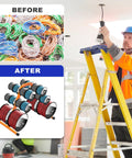 Before and after of No Sweat Portable Wire Spool Rack And Cable Dispenser With Six Adjustable Steel Rods organizing messy wires.