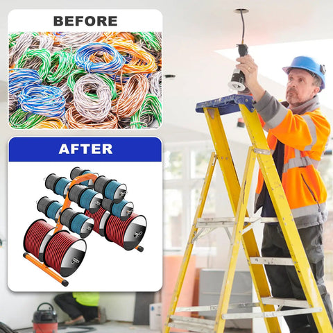 Before and after of No Sweat Portable Wire Spool Rack And Cable Dispenser With Six Adjustable Steel Rods organizing messy wires.