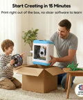 Father and son unboxing Kid Friendly 3D Printer For Beginners With Auto Leveling And High Speed Printing, STEM gift setup scene