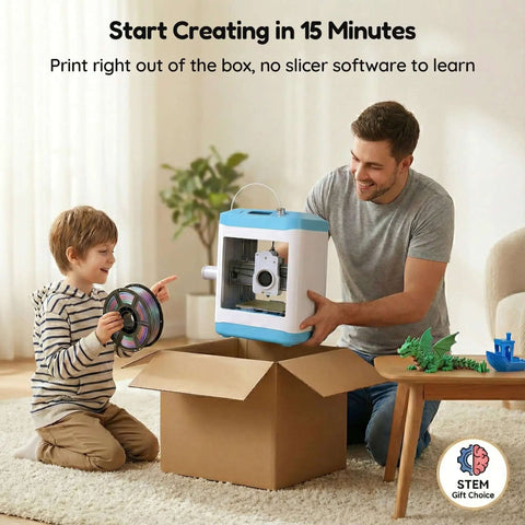 Father and son unboxing Kid Friendly 3D Printer For Beginners With Auto Leveling And High Speed Printing, STEM gift setup scene