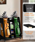 Two Bag Golf Bag Organizer With Silent Locking Wheels, wooden rack, holding golf clubs and shoes, in a garage setting