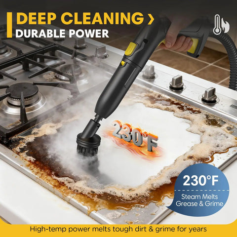 2-in-1 Heavy Duty Steam Mop 1500W Power, 1.4L Tank With 26 Accessories For Floors And Cars cleaning tough grease at 230°F.